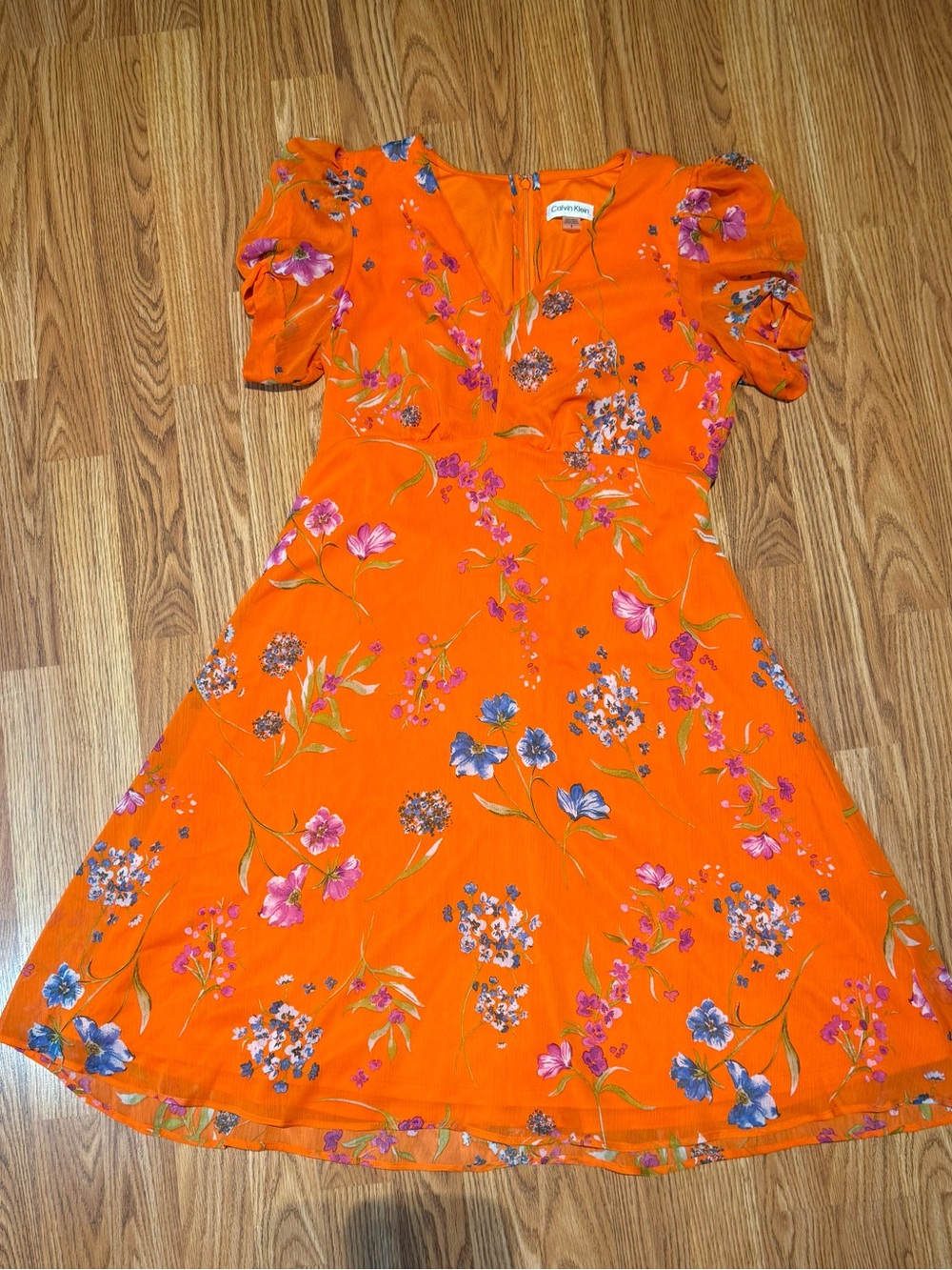 Calvin Klein Orange Floral V-Neck Midi Dress - Picture 3 of 9